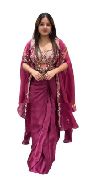 Lehenga Choli Indo-Western Draped Set For Womens And Girls Trending Embroidery Sequins work dWear Shrug with Sarara indowestern Wedding Saree Pink Colour-image-21