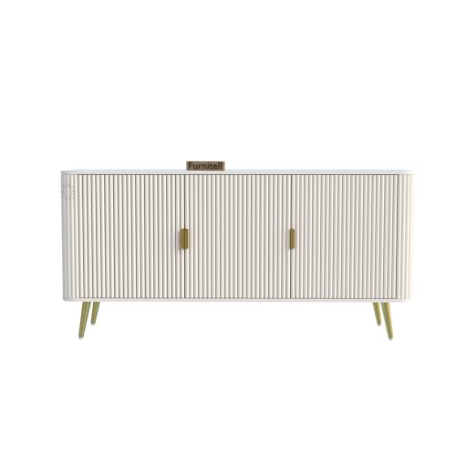 Image of Wooden Sideboard Cabinet for Living Room Storage | Modern Wooden Storage Cabinet with 3 Doors & Shelves | Buffet Console Cabinet for Dining Room, Bedroom & Hallway | Warm White | 150 cm