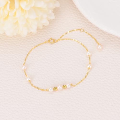 14K Solid Gold Pearl Bracelet for Women,8 Freshwater Cultured Pearl with Gold Bead Bracelets Anklets Anniversary Christmas Birthday Mother’s Day Jewelry Gifts for Mom Wife Her 6.5''+1''+1''3