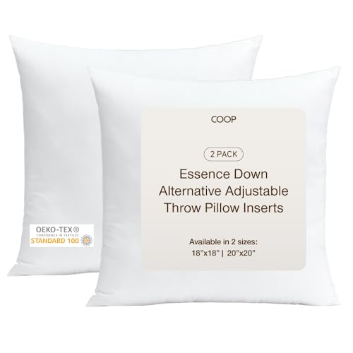 Image of Coop Home Goods Essence Adjustable Throw Pillow Inserts 18x18, Set of 2, Adjustable Down Alternative Cushions for Couch, Bed, or Chair, Decorative Square Pillows for Living Room, Oeko-Tex Certified