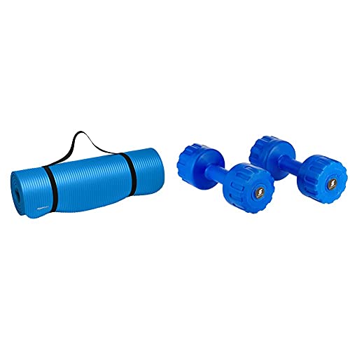 Image of AmazonBasics 13mm Extra Thick Yoga and Exercise Mat with Carrying Strap, Blue and Amazon Brand - Symactive PVC Shell Dumbbells for Home Gym, Set of 2, 2 Kg Combo
