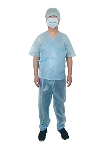 Disposable isolation suit, split suit, hat, lace up top, pants, evening x-free, non-woven, soft, dental, hospital, industrial, blue ONE SIZE FITS ALL (50)