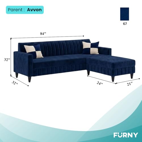 Image of FURNY Gracina 5 Seater L Shape Sofa Set with Movable Ottoman | Flexible Left or Right Layout | Plush Velvet Fabric (Dark Blue) | Perfect for Living Room, Guest Room & Office