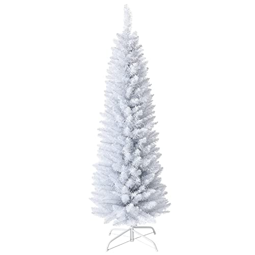 OFFICEJOY 5FT White Pencil Christmas Tree, Artificial Christmas Tree w/Premium PVC Needles, Pine Tree w/Solid Metal Stand, Ideal for Home, Office, Shops, Holiday Decoration