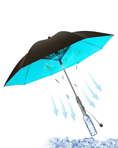 EvokeJoy 3 in 1 Umbrella with Fan and Mist Spray 2-Speed Rechargeable Cooling Umbrella with Built-in Fan Mister Includes Custom Water Bottle Portable Misting Sun Shade for Theme Park Beach (Blue)