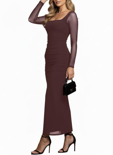 Narecte Womens Formal Dresses Mesh Ruched Maxi Dress Square Neck Long Sleeve Bodycon Fall Wedding Guest Cocktail Dress Brown S #TOP24