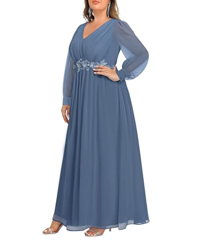 Image of Pinup Fashion Women Plus Size Formal Dresses - Long Sleeve Evening Gown Applique Chiffon Maxi Dress