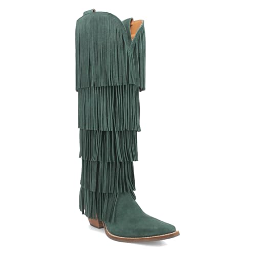 Dingo Womens Wild Child Fringe Snip Toe Pull On Casual Boots Over the Knee Mid Heel 2-3" - Green2