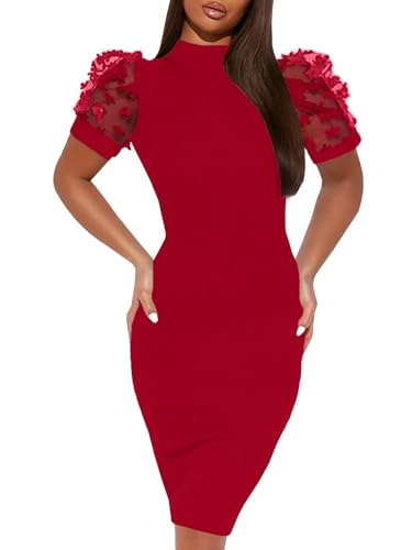 Image of Annystore Women's Mesh See Through Sheer Dress Short Puff Sleeve Bodycon Dress Mock Neck Sexy Club Party Midi Dress Clubwear