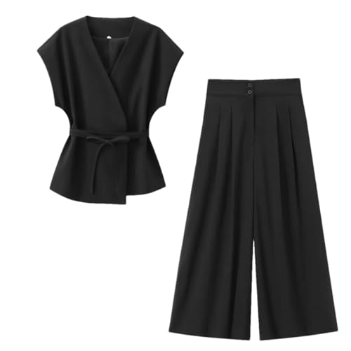 Women Pants Set 2 Piece Set Double Breasted Short Sleeve Vest & Trouser Casual Pleated Wide Leg Pants Female Set