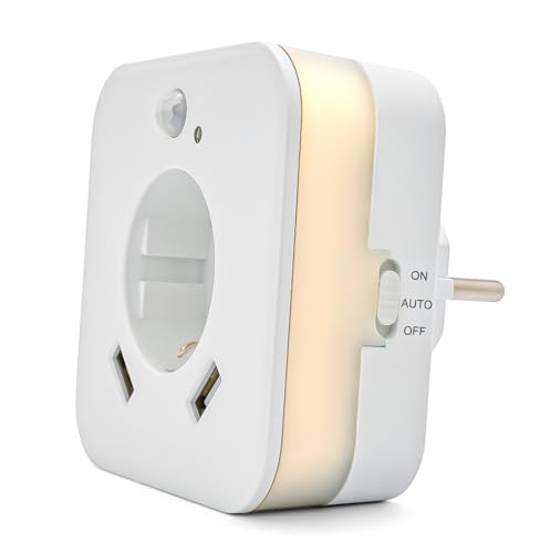 LED-Nachtlicht mit Bewegungsmelder und Steckdose, 2x USB 2.4A, weiß, automatischer Lichtsensor, GS (geprüfte Sicherheit) (1 Stück)