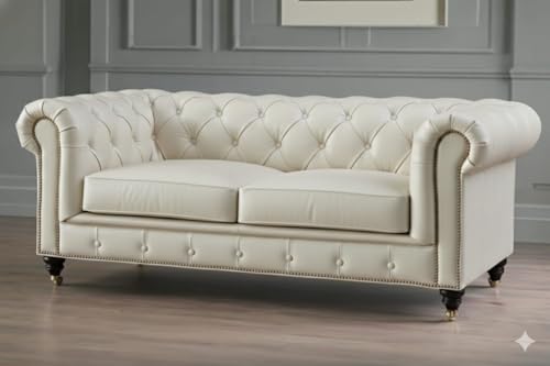Image of Classic Leatherette Chester Sofa Set Button Tufted, Classic Style Sofa Set 3-Person Sofa for Living Room, Office, and Hallway Colour (Off-White Leatherette, 3+2=5 Seater Sofa)