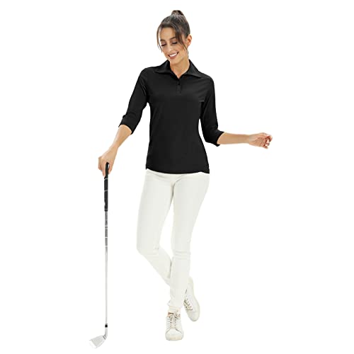 Women's Casual V Neck Polo Shirt 3/4 Sleeve Blouses Golf Polo Shirt Sport T-Shirt Tennis Shirt Athletic Tee Active Top (Black M) #TOP6