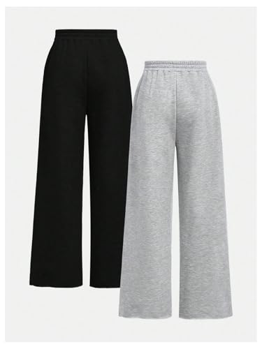 Girl's 2 Pack Sweatpants Elastic Waist Wide Straight Leg Pants High Waisted Casual Baggy Jogger Pants2