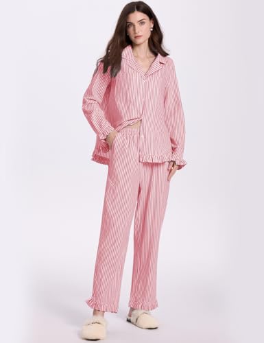 Flygo Womens Striped Pajama Sets 2 Piece Cotton Lounge Sets Button Down Top Straight Leg Pants with Pockets Y2K Pj Sleepwear4