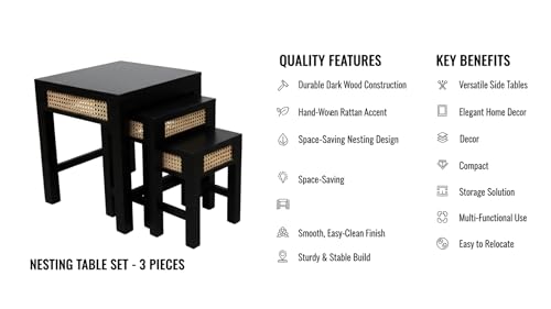 Image of Wooden Sheesham Wood Nesting Table Set of 3 Stools for Living Room | Stool Side Table for Home & Kitchen, Living Room (Walnut Finish, Set of 3)