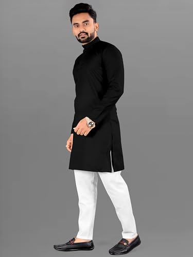 Image of Cotton Blend Solid Mandarin Chinese Neck Full Sleeve Kurta for Men
