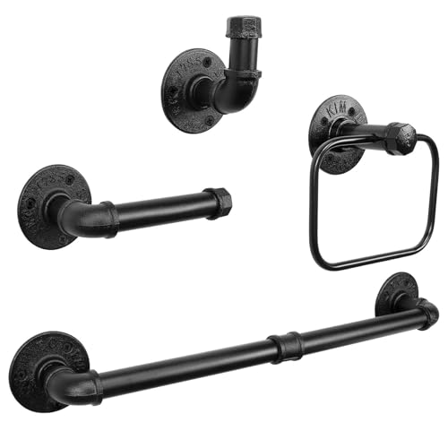 Jeasor 4-Pieces Industrial Pipe Bathroom Towel Ring Kit DIY Wall Mount Accessories Kit Includes Robe Hook Towel Bar and Towel Ring (18 inch)