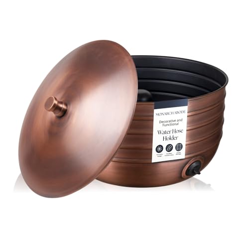 Monarch Abode Garden Hose Holder with Lid Decorative Water Hose Holders for Outside Border Embossed Metal Antique Copper Pot with Drainage 100ft Waterhose Holder for Outside Garden Storage Caddy