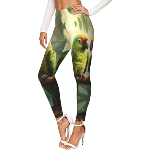 Leggings de compresión de mujer en color oliva y estampado de loros para gimnasio