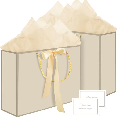 woric 2 Pcs Gift Bags with Handles 14 Medium Gift Bag with 4 Tissue Paper & 2 Cards Gold Bag for Birthday Wedding Bridal Shower Baby Shower
