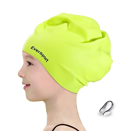 EverSport Kids Swim Caps 6-14 for Girls Long Hair, Large Silicone Swimming Pool Cap for Boys Braids and Dreadlocks Keep Hair Dry Anti Slip Ear Cover Bathing Shower Cap