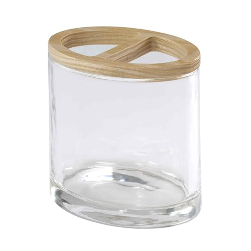 Izod - Toothbrush Holder, Glass Countertop Accessories, Modern Home Decor with Natural Wood Detail, Dorm Room Essentials (Cove Collection, Clear)