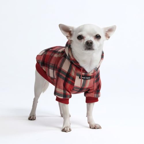 Image of Spark Paws Dog Hoodie - Premium Dog Sweater for Small, Medium, and Large Dogs | Warm Outfits for French Bulldogs, Pitbull, Puppy, Winter Jacket Alternative - Red Plaid, S