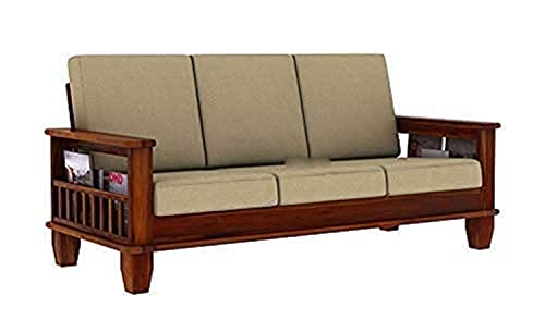 Winntage Furniture Sheesham Wood 3 Seater Sofa with Pocket Storage Wooden Three Seater Couch Sofa Set for Living Room Home Office (Natural Honey Finish) | 1 Year Warranty