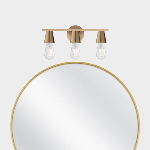 Image of 3-Light Modern Brass Wall Sconces Lighting with Metal Shade, Matte Gold Vanity Light Over Mirror, Rustic Industrial Bathroom Light Fixtures for Living Room Hallway Kitchen Porch E26 Base
