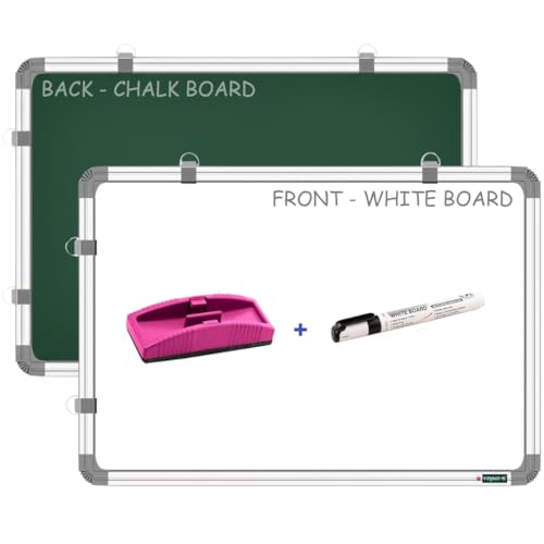Image of YAJNAS Non-Magnetic 1.5x3 feet Double Sided Whiteboard & Chalkboard Both Side Writing Board with 1 Marker and 1 Duster - Set of 3 Items