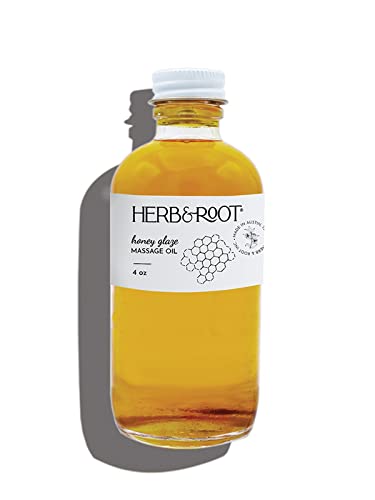 Honey Flavored Massage Therapy Oil, Herb & Root, 4 oz | Best Non-greasy Blend of Edible Sweet Almond, Fractionated Coconut oils for Sensual Couples Aromatherapy