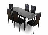 S & S Saldos y Stocks Mesa de Cristal Extensible 170cm + 6 Sillas Polipiel, Negro