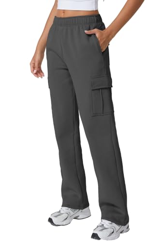 Image of QINSEN Baggy Medium Waist Elastic Sweatpants for Womens Casual Long Fleece Cargo Pants with Pockets