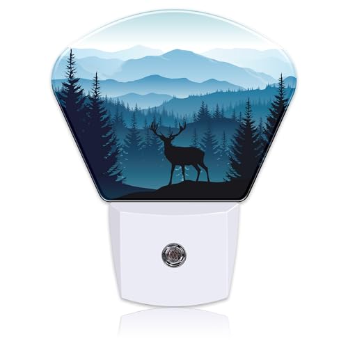 Image of Blue Misty Mountains Plug in Night Lights, Deer Nightlight Plug Into Wall Dusk to Dawn Sensor for Kid Girls Boys Women Men Bedroom, Hallway, Kitchen, Bathroom, Stairs Decor