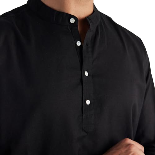 Image of SAADAA Men's Short Kurta - Linen Cotton Blend, Airy Fabric, Regular Fit, Mandarin Collar, Solid Color - Casual, Festive & Ethnic Wear