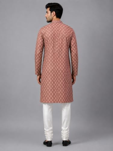 Image of LATEST CHIKAN Men's Silk Chikankari Kurta with Cream Churidar | Festive Set - KP Silk BANARSI