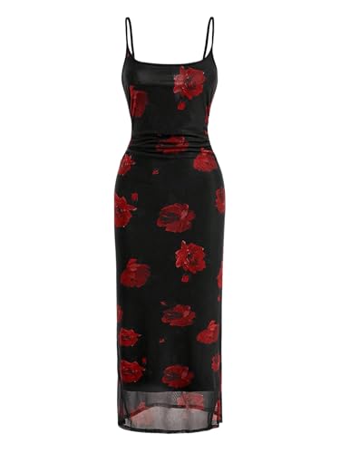 Image of Verdusa Women's Floral Mesh Bodycon Long Cami Dress Slimming Dress Semi Formal Dresses Holiday Party Outfits