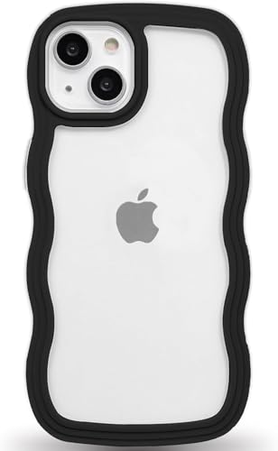 Image of GoldKart iPhone 13 /14 Case Wavy Edge Clear Back Design, Anti-Slip Grip Cute Wave Curly Frame Shape Shockproof Soft TPU & Hard PC Bumper Protective Phone Case Cover for Women Girls - Black