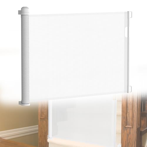 HENGMEI Cancelletto per scale Cancello per porta allungabile 0-150 cm Barriere per cani Porta retrattile e cancello per scale per neonati e animali domestici (Bianco, 150 cm)