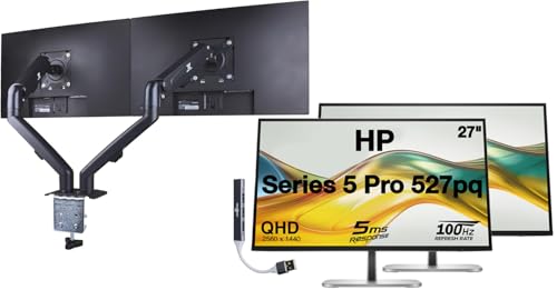 Image of HP Series 5 Pro 527pq 27 inch QHD IPS Monitor with 5ms Response Time, Anti Glare, Flicker Free, VESA Mount (100mm), Displayport, HDMI, (9D9S0UT#ABA) 2 Pack w /DKZ Hub & ErgoFlexy Dual Mount Arms