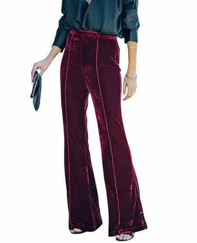 Kotiera Womens Velvet Pants Elastic High Waist Palazzo Pants Casual Flare Long Trousers Burgundy L