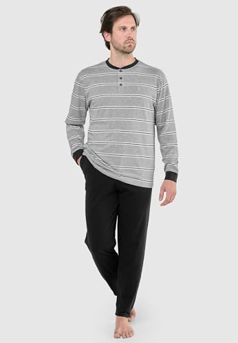 El Búho Nocturno Mens Pajama Set Long Sleeve Knit Premium Striped Pajama Set for Men, 92% Cotton, 8% Viscose, Grey 5587, XL2