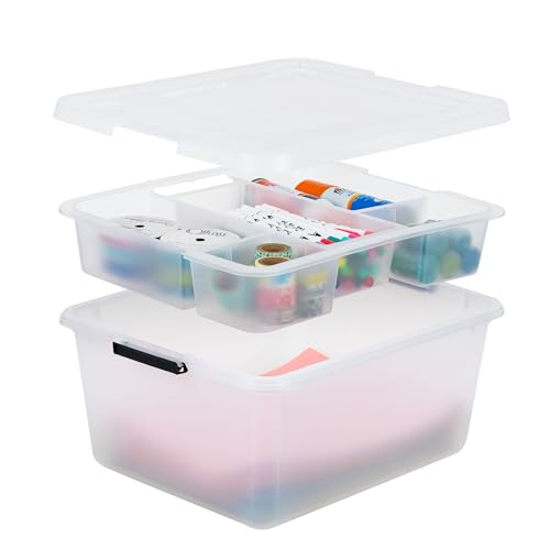 Image of IRIS USA 18 QT Clear Storage Organizer with Removable Dividers, Stackable Plastic Storage Box with Lid, Modular Container for Crafts, Tools, Office & Pantry Organization