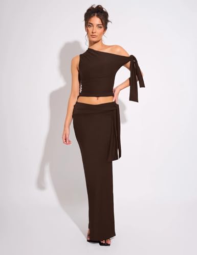 Two Piece Skirt Set for Women - Sexy 2 Pc Outfits Sleeveless One Shoulder Crop Top Maxi Long Bodycon Skirts Sets3