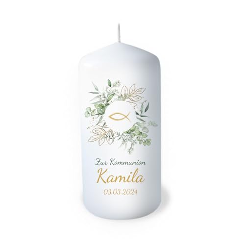Candela Comunione personalizzata con nome come decorazione da tavolo Decorazione da tavolo Comunione Regalo Personalizzabile Amorevole Candela Eucalipto Pesce Ghirlanda Durata 35 ore, Ø 6,8 x altezza