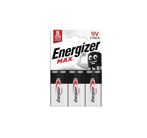Energizer Max   Pila 9V Alcalinas (Paquete de 3)   Baterías de 9 Voltios   para Detector de Humo/monóxido de Carbono, electrónica y Audio   Construcción 100% a Prueba de Fugas   5 años de Vida útil