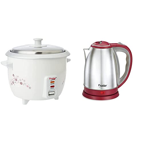 Prestige Delight PRWO 1-Litre Electric Rice Cooker (White) + Prestige PKOSS 1.8 Litre Kettle, Red