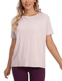 CRZ YOGA Women's Pima Cotton Short Sleeve Shirts Boat Neck Loose Fit Gym Workout T-Shirt Athletic Casual Tops Smoky Blush X-Large