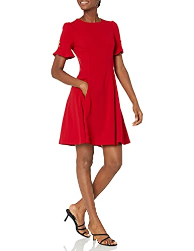 Image of DKNY Women's Flounce Sleeve Fit and Flare with Belt Dress, Scarlet, 8 US